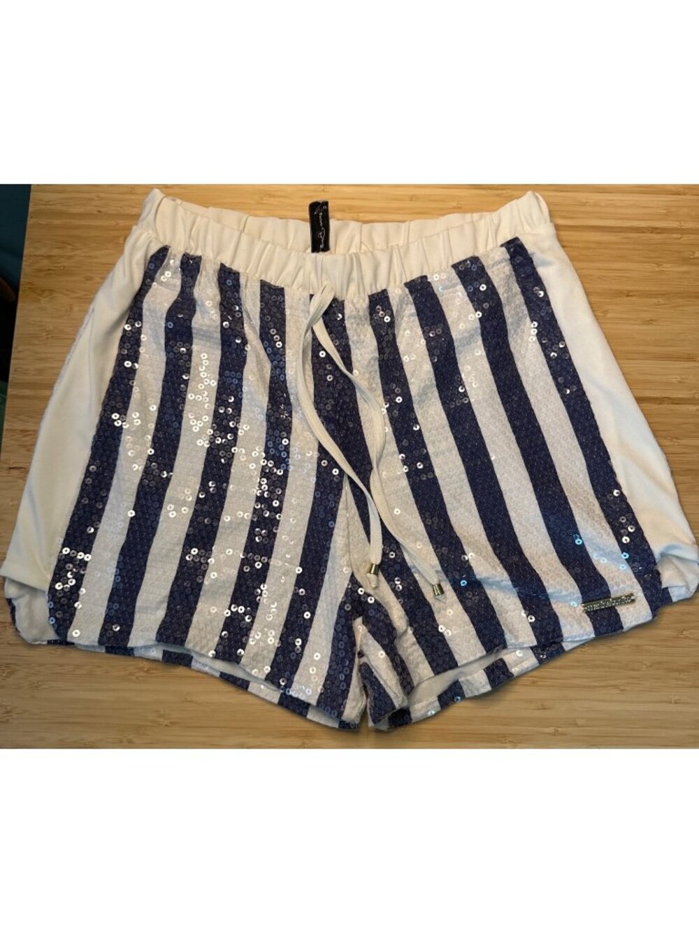 Menina Bonita Size M White Blue Striped Sparkle Summer Shorts Y2K Coastal Beach